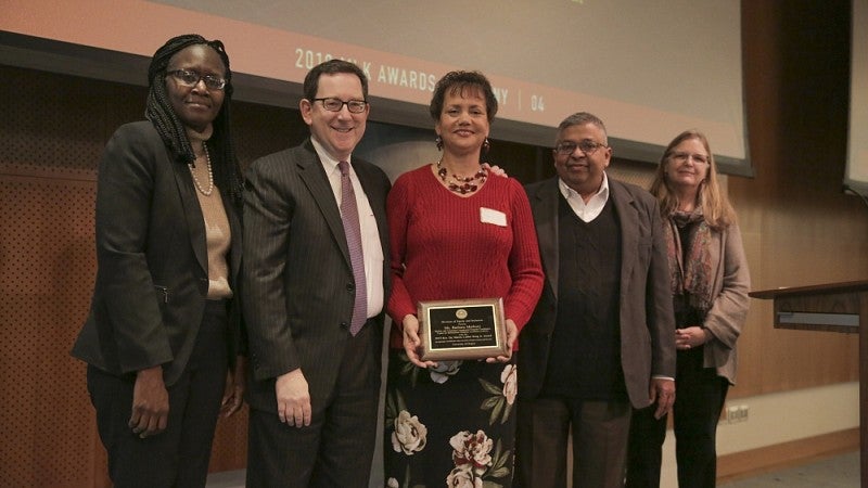 Award winner Barbara Marbury (center) with (from left) DEI Vice President Yvette Alex-Assensoh, President Michael H Schill, Provost Jayanth R. Banavar, and DEI Associate Vice President Vickie DeRose.