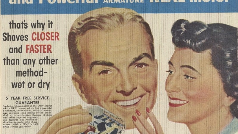 Peg Lynch and Alan Bunce appear in a 1950s ad for Sunbeam electric shaver.