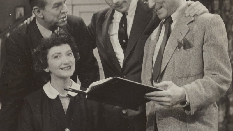Peg Lynch with "Ethel and Albert" co-star Alan Bunce, producer Thomas Loeb and director Walter Hart