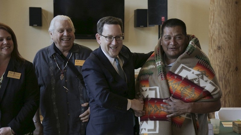 UO President Michael Schill with Reyn Leno, chair of the Confederated Tribes of Grande Ronde