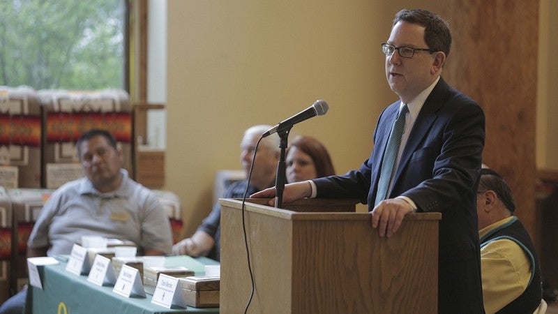 UO President Michael Schill speaking at the signing ceremony