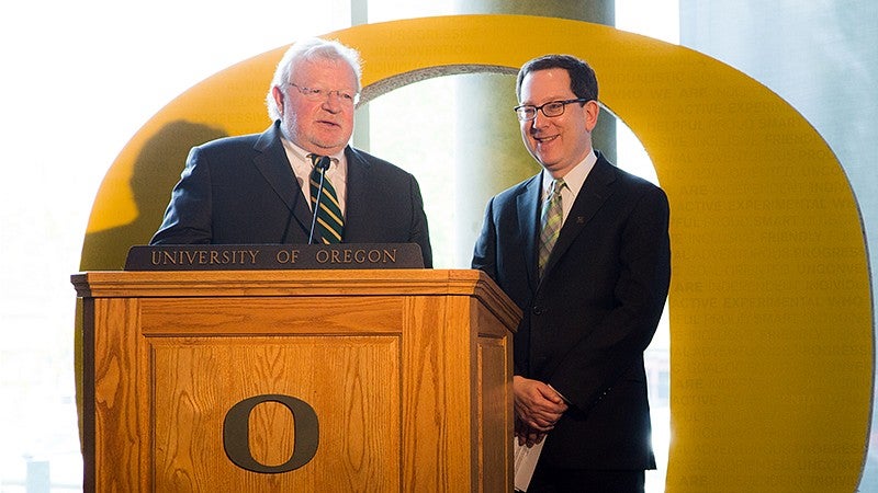 Michael Schill (right) is introduced as the 18th president, one of the top stories of 2015