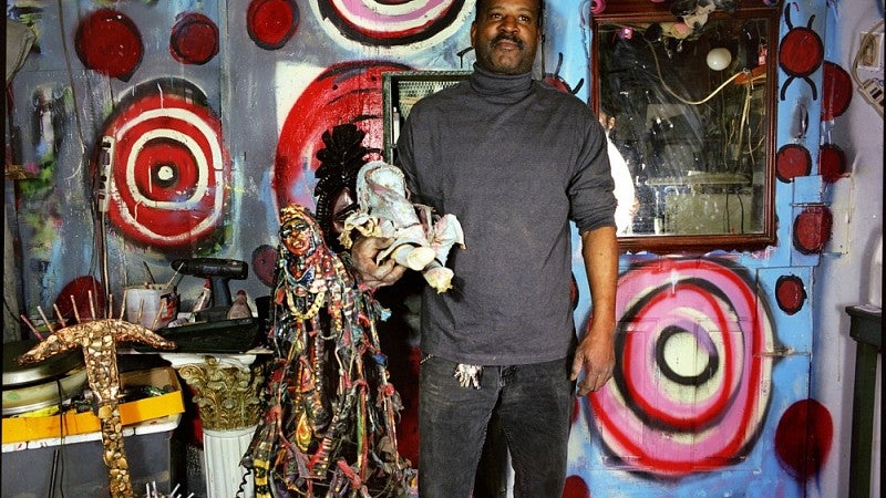 Kevin Sampson with his sculptures in his studio/living space, Newark, New Jersey, 2008. Photograph Ted Degener.   