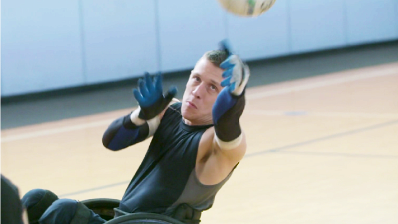 Seth McBride passes the ball during a Portland Pounders wheelchair rugby practice Seth McBride passes the ball during a Portland Pounders wheelchair rugby practice