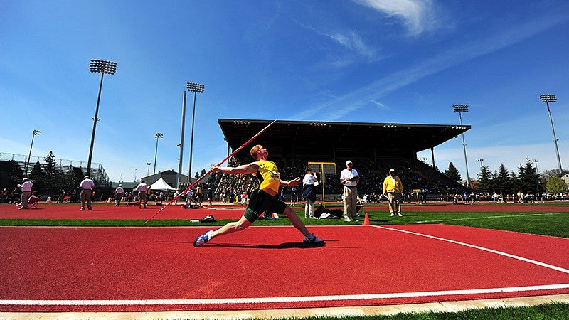 Cyrus Hostetler throwing the javelin at Hayward Field.