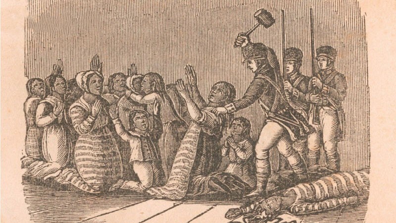 U.S. Army soldiers depicted attacking Native Americans