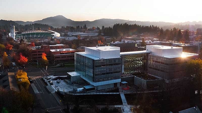 Aerial view of the Knight Campus and Hayward Field