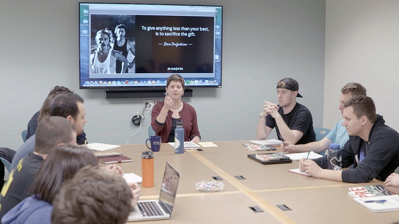 Lori Shontz teaching the advanced sports reporting class ahead of the Olympic Trials