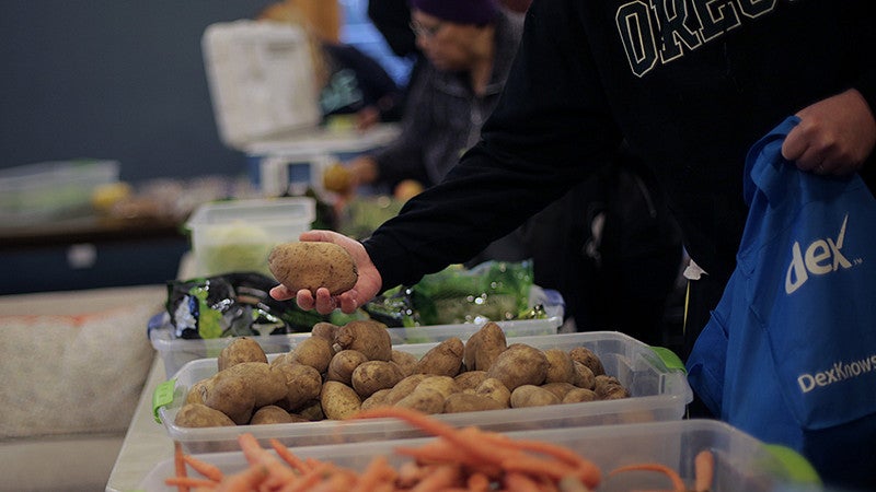 Recipients selecting fruits and vegetables at Willamette Gardens