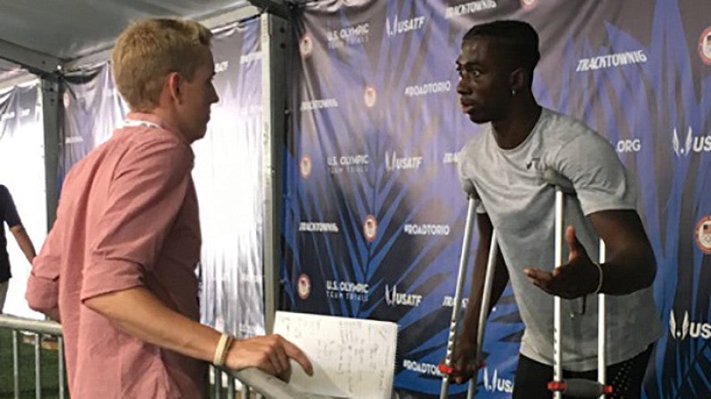 Zac Neel interviewing Marquis Dendy, who made the Olympic team in the long jump.