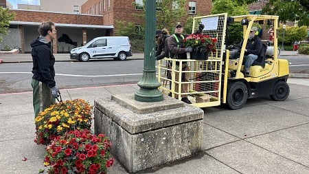 workers on forklift hanging flowers