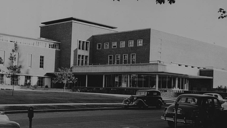 A black-and-white image of the Erb Memorial Union circa 1950