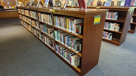 A shelf of books in a library