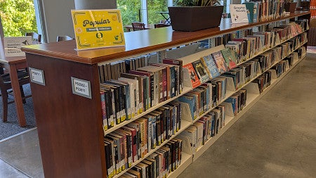 A shelf of books in a library