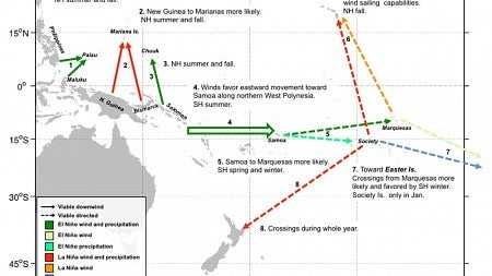 Map synthesizes computer simulations and climatic data used to study ocean routes