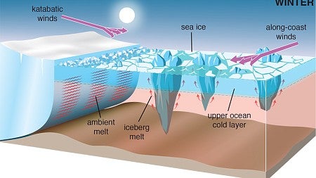 Graphic shows iceberg-ocean relationships during the winter in Greenland fjord