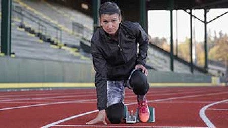 Jenna Prandini in the starting blocks at Hayward Field