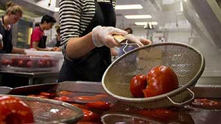 Blanching tomatoes in hot water as part of Project Tomato