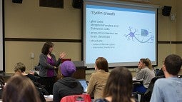 An instructor using a classroom projector