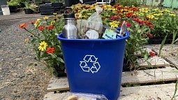 blue recycling bin filled with sustainable products, in front of flowers