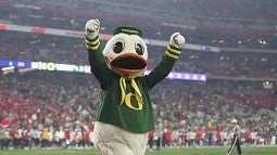 The Duck walking across a football field with his arms raised overhead to a cheering crowd