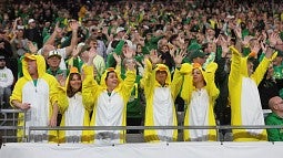 football fans dressed in yellow and white ducks costumes