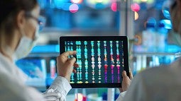 Lab technicians looking at tablet displaying genetic information