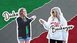 A graphic of two students, one wearing an Oregon jacket and one wearing an Ohio State jacket, holding microphones with the text "Ducks" and "Buckeyes" in the background