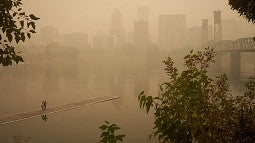 Wildfire smoke obscuring the Portland skyline