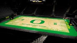 The new floor design for Matt Knight Arena, showing green trees around border