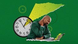 Collage illustration of clocks and a tired man