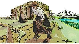 Graphic novel illustration of Marie Equi working on a homestead