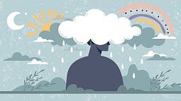 head in the clouds with rainbow, sun, moon