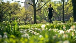 A runner passing through a field with pollen-bearing flower heads