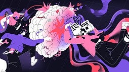 Illustration of floating people trying to interact with a brain