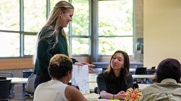 A teacher talking to students in a classroom
