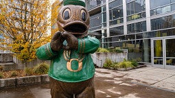 Bronze statute of The Duck in front of Matthew Knight Arena