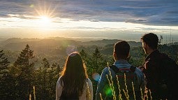 Three people watching a sunset from a hilltop