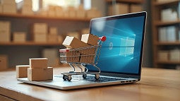 a miniature shopping cart with packages is superimposed on a laptop keyboard