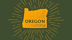 The state outlin of Oregon surround by yellow lines on a green background