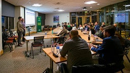 Students and entrepreneurs listen during a seminar