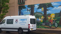 White van in front of the Simpsons mural in downtown Springfield