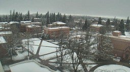 Snow covers the Memorial Quad after a February storm. 