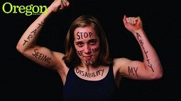 Oregon senior, Antonia DeMichiel uses crutches walk due to cerebral palsy. Her message, "Stop seeing my disability. Start seeing my ability." Photograph by Robert Fogarty