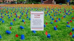 Image shows a scene from a 2016 Sexual Assault Awareness Month demonstration on the UO campus