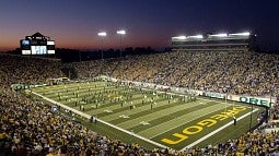 The UO Marching Band performing at Autzen Stadium