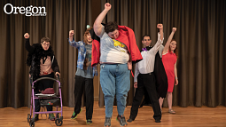 “Heroes From Another Earth,” staged by English professor Betsy Wheeler (below, left), featured superhero battles, interplanetary travel, and social critique. Photographs by Nic Walcott, BS ’16 (journalism), University Communications