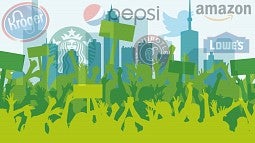 Silhouette of protesters and company logos