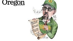 Caricature of UOAA's Raphe Beck holding a beer and papyrus lyrics to Mighty Oregon
