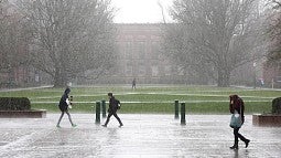 Students walking through the rain on campus